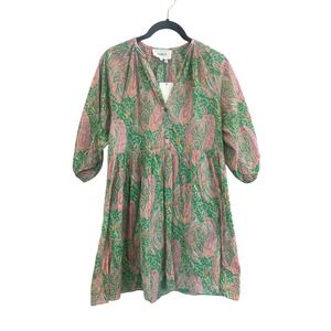 ba&sh Robe Odeon Paisley Print Smocked Neck 3/4 Sleeve Green Pink Mini Dress XS